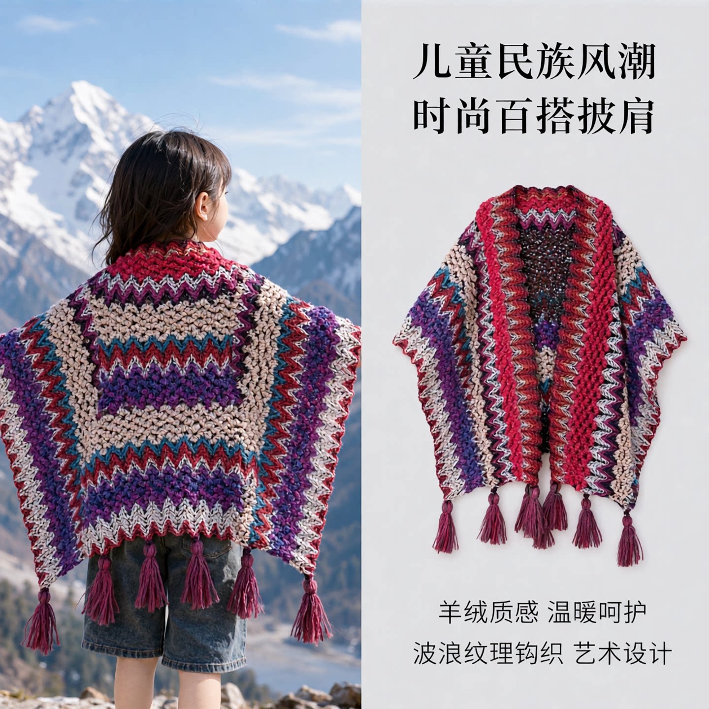 青海旅游女童民族风针织斗篷披肩