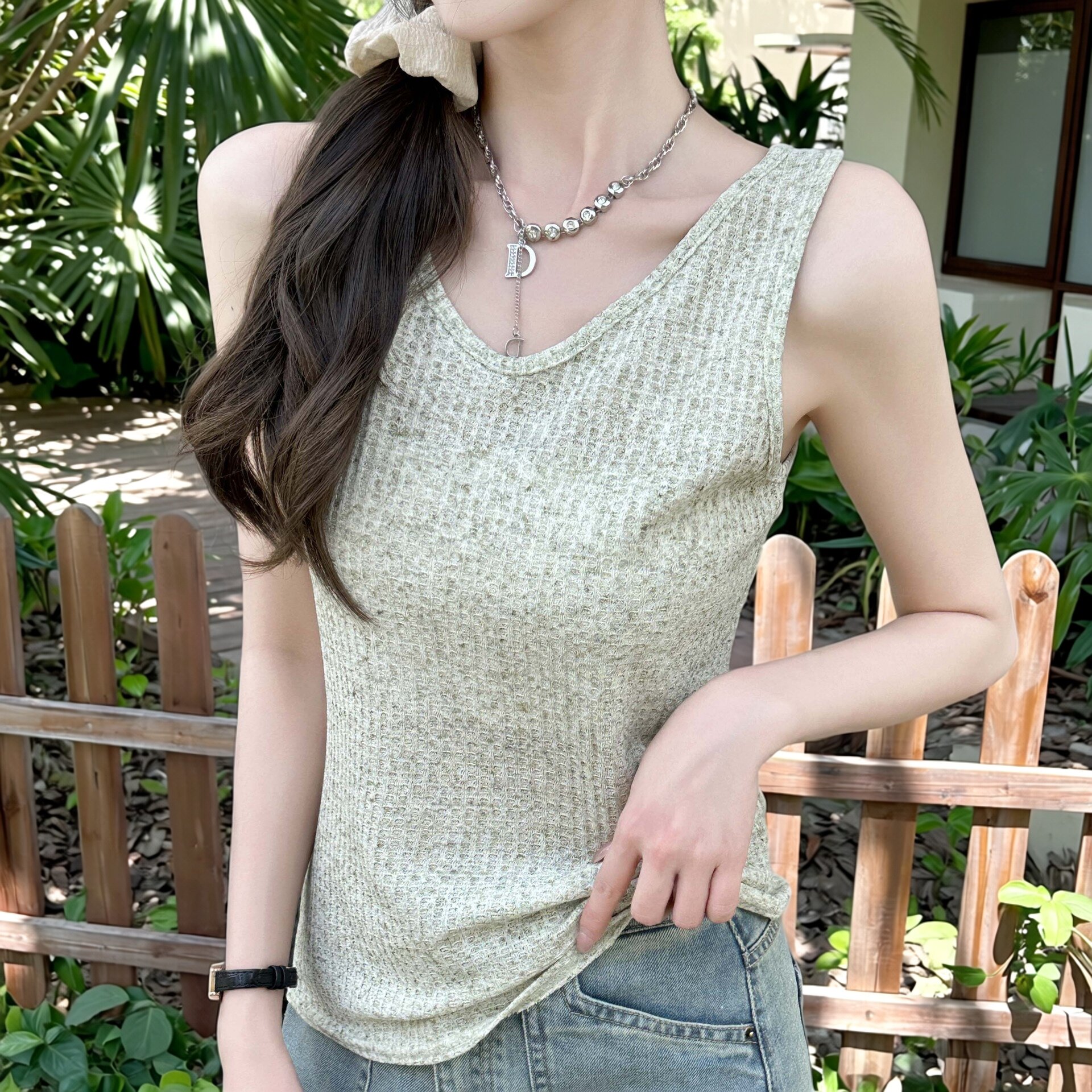 华夫格小吊带背心女内搭夏季外穿慵懒风无袖宽松百搭上衣打底衫