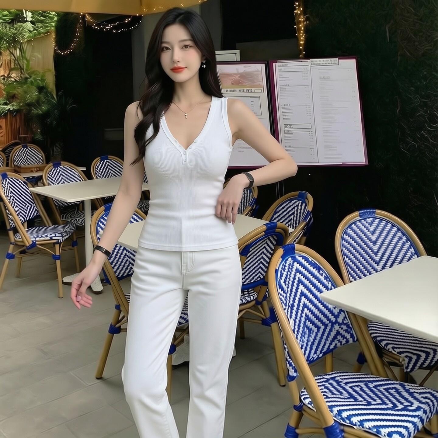 美式辣妹V领螺纹纽扣吊带背心