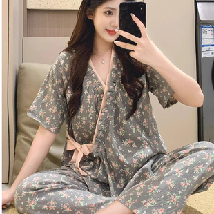 家居服套装 复古新中式 甜美碎花云朵棉开衫 系带睡衣女夏季 2025新款