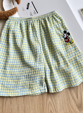 小清新绿色格子米奇睡裤女短裤夏季新款宽松云朵棉睡衣家居短裤