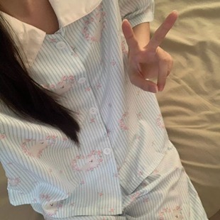 家居服套装 可爱小狗条纹睡衣女夏季 短裤 新款 冰丝凉感甜美少女短袖