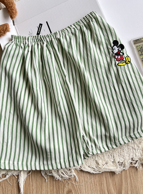 可爱卡通绿色条纹米奇睡裤女短裤夏季新款宽松云朵棉家居睡裤外穿