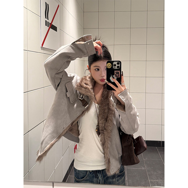 美式复古机车风加绒加厚棉服外套男女毛领拼接保暖宽松百搭棉衣潮