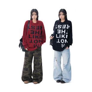 美式复古潮牌字母提花红色毛衣女宽松百搭慵懒风马海毛软糯针织衫