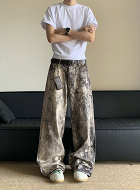 迷彩泼墨牛仔裤男女美式高街阔腿