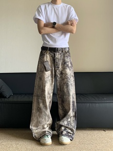 男女美式 24SS新款 3D數碼 印花迷彩潑墨牛仔褲 子 高街做舊寬松闊腿褲