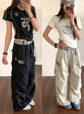 美式复古褶皱速干伞兵工装裤女夏季薄款运动阔腿裤宽松直筒休闲裤