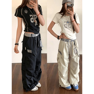 美式复古褶皱速干伞兵工装裤女夏季薄款运动阔腿裤宽松直筒休闲裤