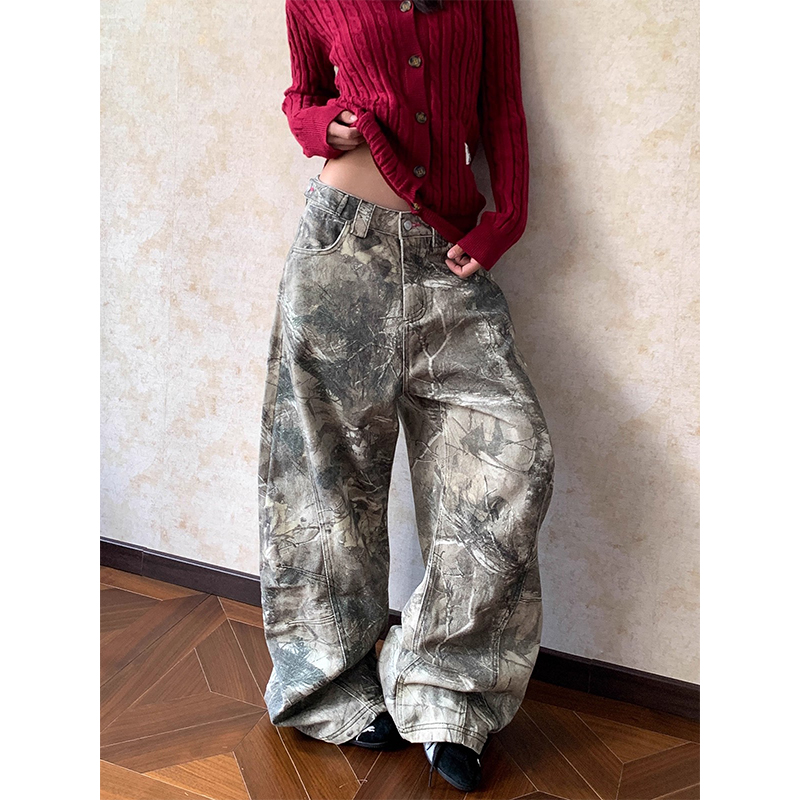 美式复古水洗树枝迷彩牛仔裤男女