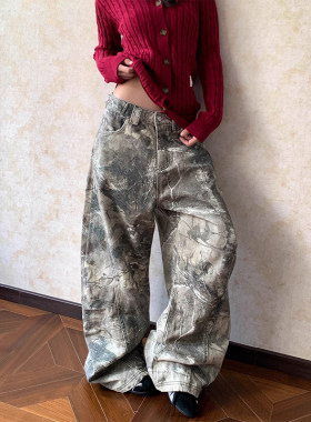 美式复古水洗树枝迷彩牛仔裤男女