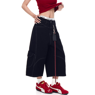 宽松休闲阔腿牛仔七分裤 美式 男女夏季 短裤 复古高街解构多口袋工装