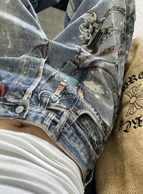 AC风格3D打印链条泼墨牛仔裤男女美式高街宽松休闲Baggy阔腿裤子