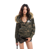 开衫 美式 可拆卸毛领迷彩连帽卫衣外套女秋冬街头显瘦拉链短款 夹克