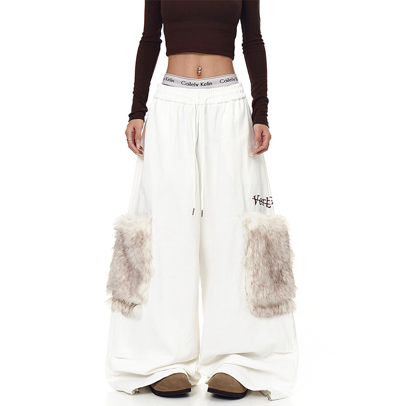美式复古毛绒大口袋褶皱工装裤女冬季加绒加厚宽松休闲阔腿卫裤潮