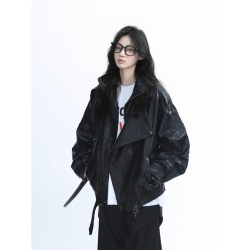 美式复古重磅黑色PU皮衣外套男女