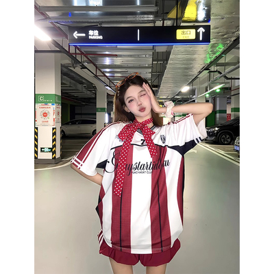 美式高街V领运动球衣短袖t恤女