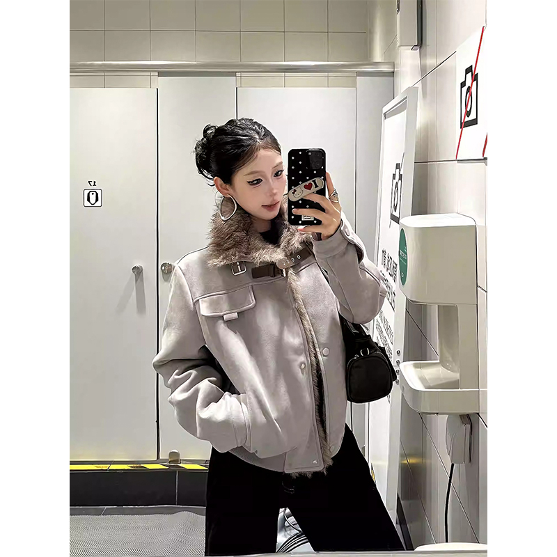 美式复古机车风加绒加厚棉服外套男女毛领拼接保暖宽松百搭棉衣潮