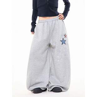 女街头宽松bf慵懒风百搭弯刀阔腿裤 美式 复古格纹星星抽绳休闲卫裤