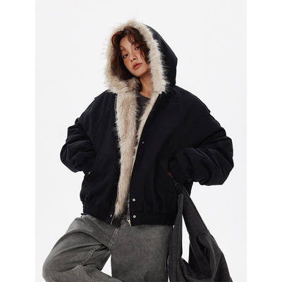 美式毛领座山雕连帽棉服外套男女