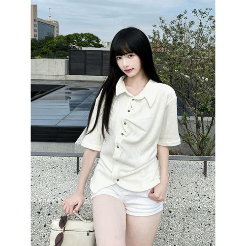 前门襟弧形褶皱混纺短袖衬衫男女