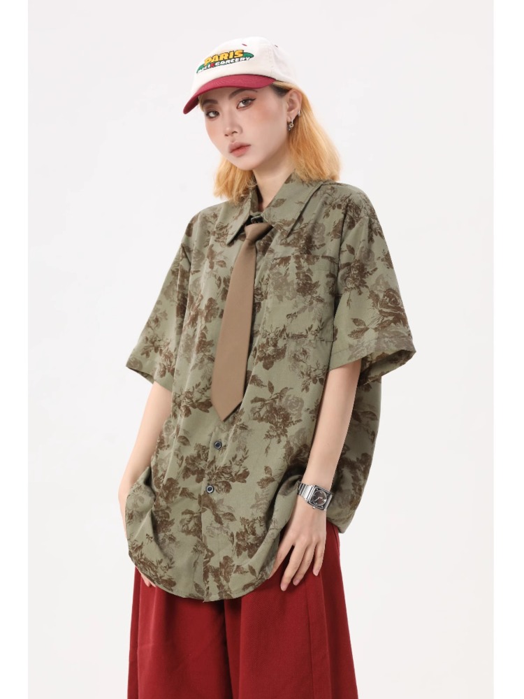 夏季街头复古碎花短袖衬衫男女