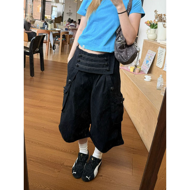 美式复古翻腰设计工装七分裤女图片