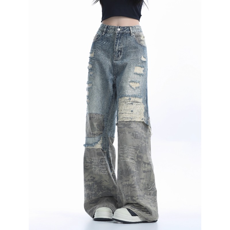 美式高街破洞拼接迷彩牛仔裤男女