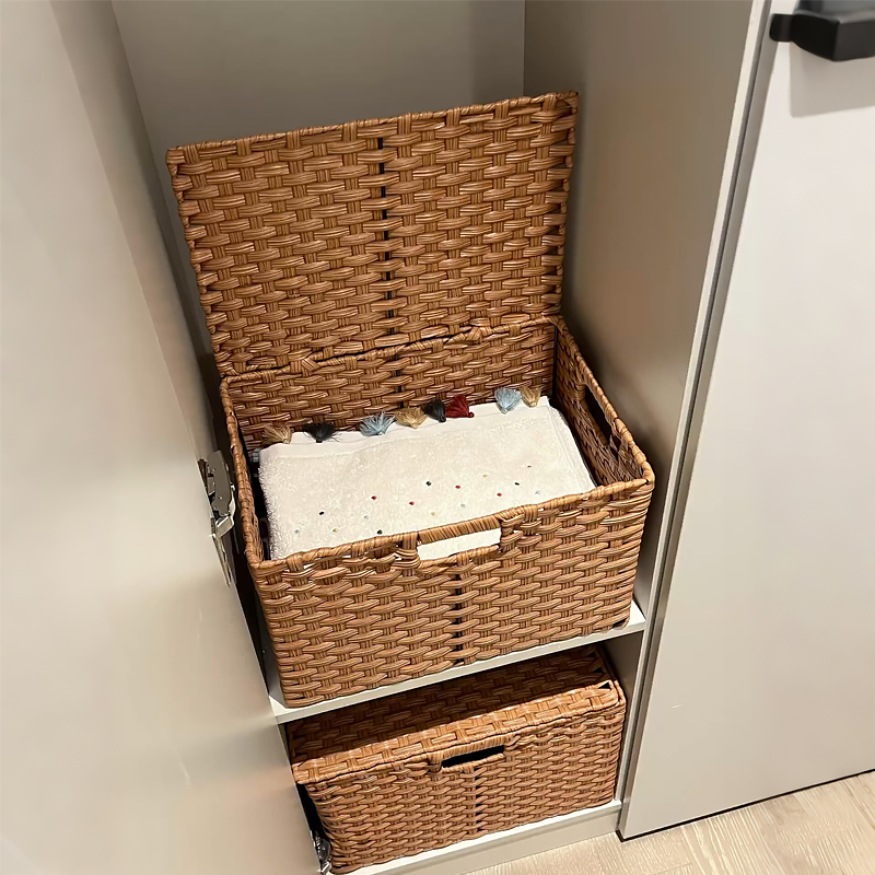 中古风藤编收纳篮家用玩具零食杂物筐大容量带盖脏衣篮编制收纳箱