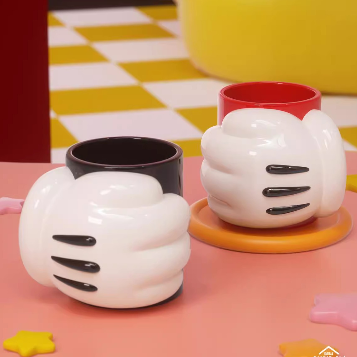 迪士尼米奇爪爪杯套装手套陶瓷马克杯情侣咖啡杯手握杯生日礼物