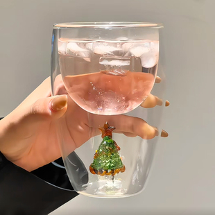 双层立体圣诞树玻璃杯子咖啡杯高鹏玻璃高颜值水杯女牛奶杯咖啡杯