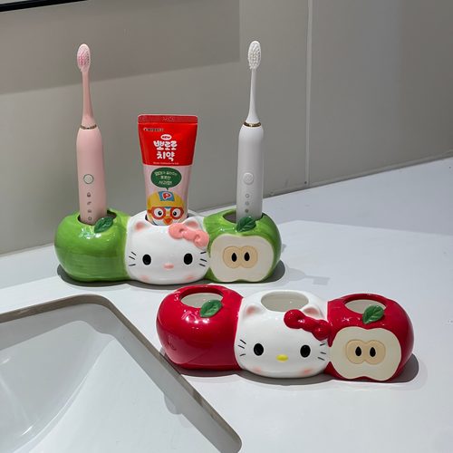 可爱苹果猫陶瓷电动牙刷架创意卫生间洗漱台情侣牙刷牙膏置物架