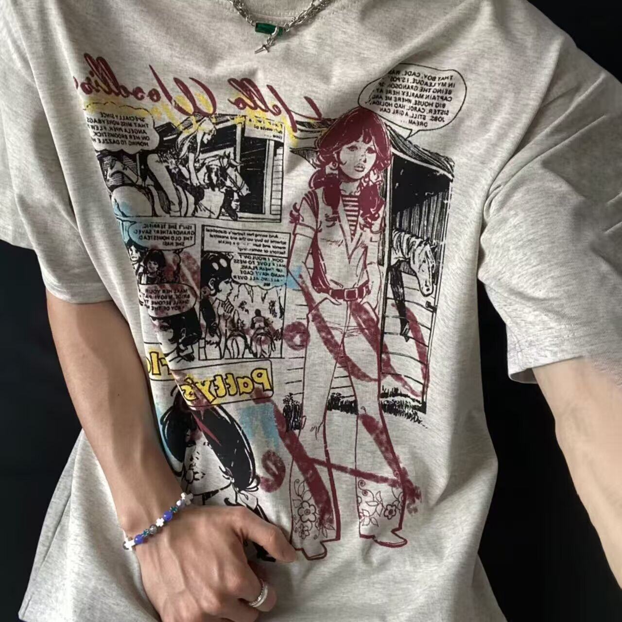 美式复古漫画印花圆领透气五分袖T恤男女同款宽松落肩袖潮牌上衣