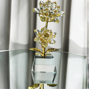 单只 轻奢K9水晶莲花客厅卧室书桌摆件黄色水晶手工切割荷花