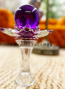 单只-轻奢紫色莲花水晶球摆件水晶把手莲花底座掌上明珠装饰