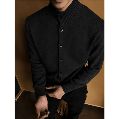 黑色半高领纽扣开衫毛衣男秋冬