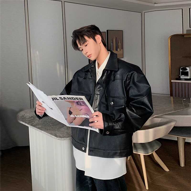 纯色无品牌高级感短款皮衣夹克