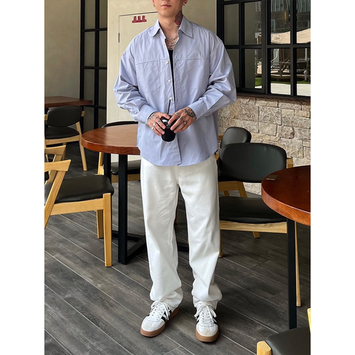 秋冬水洗拉链白色直筒牛仔裤男