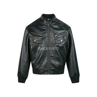 BLACKPARTY 复古荔枝纹PU皮衣夹克男女宽松百搭机车服外套潮 美式