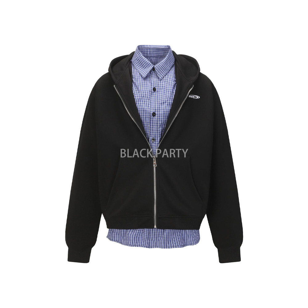 BLACKPARTY 慵懒风经典格子拼接假两件男女宽松开衫连帽卫衣外套