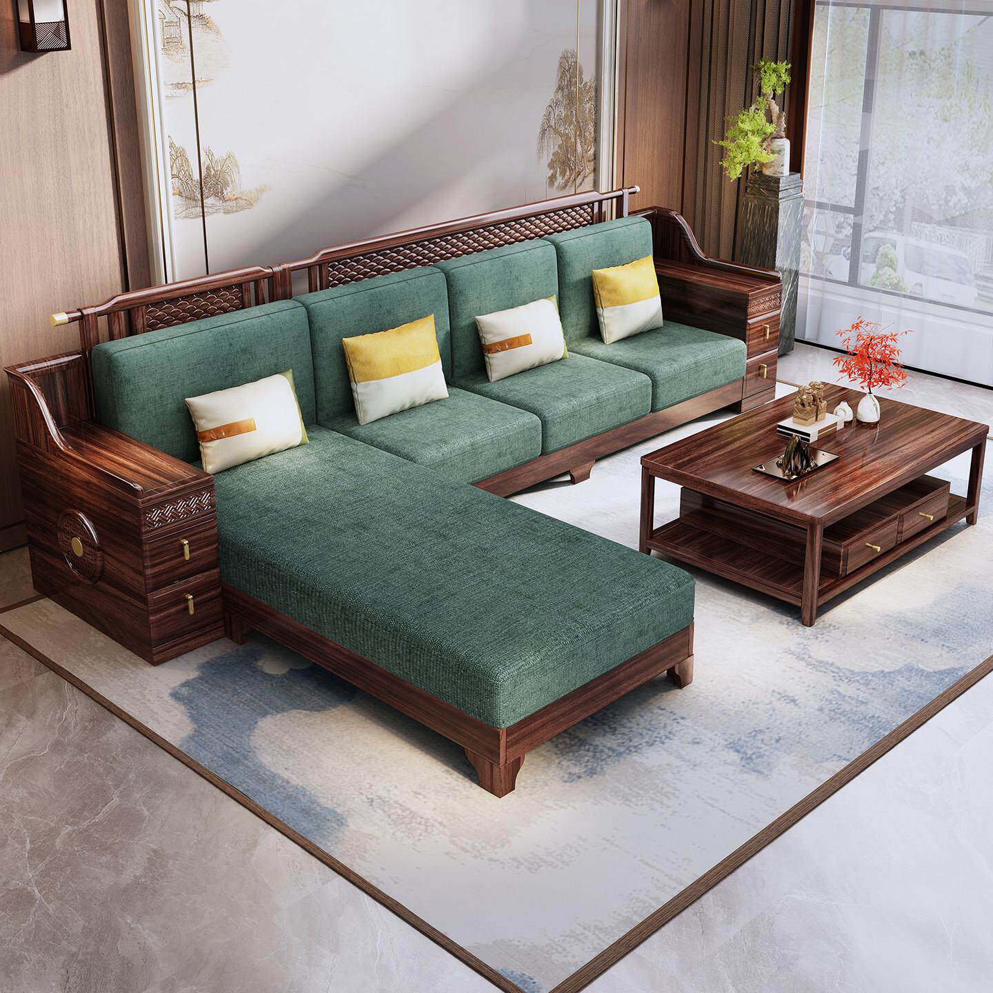 乌金木新中式实木沙发客厅农村自建房别墅冬夏两用全实木家具全套