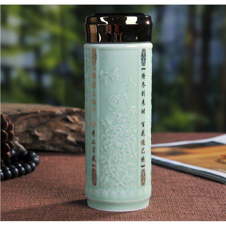 景德镇浮雕陶瓷保温杯男女商务瓷器水杯双层防烫车载泡茶杯子礼品