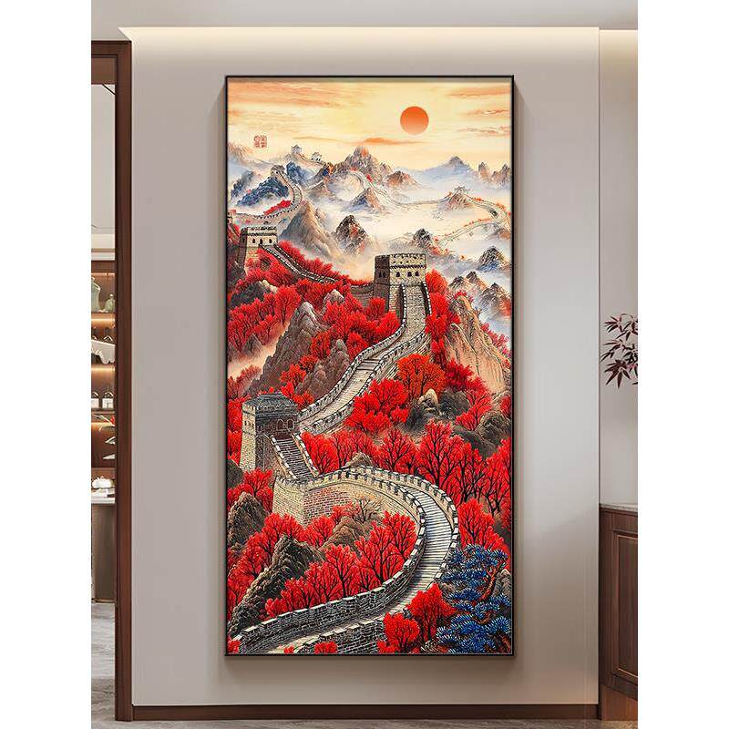 万里长城新款鸿运当头竖版玄关装饰画走廊过道新中式山水画挂画图