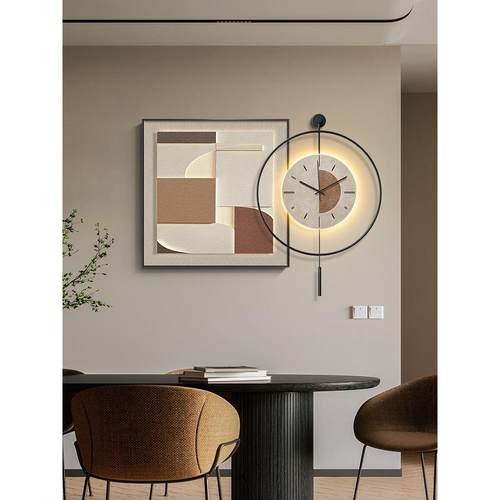 现代简约餐厅装饰画抽象几何饭厅钟表时钟挂画高档餐桌背景墙壁画