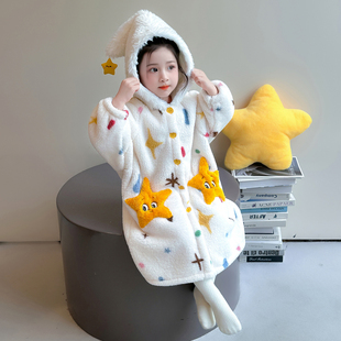 女童卡通星星连帽睡袍冬季珊瑚绒加厚保暖法兰绒家居服儿童睡衣