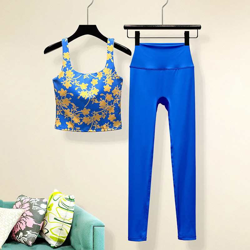 克莱因蓝瑜伽服女套装高级感夏季速干专业运动小众健身服花色背心