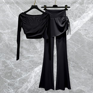 普拉提瑜伽服套装女2025新款高级感网纱长袖运动健身服上衣喇叭裤