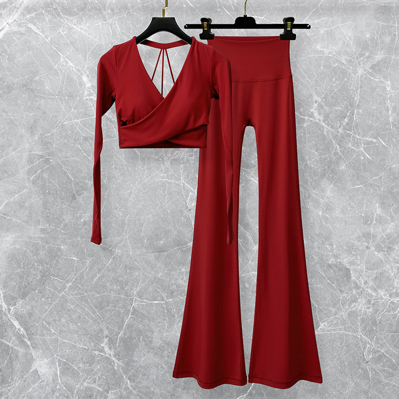 2025超火红色瑜伽服套装女高级感美背运动健身训练长袖上衣喇叭裤,运动服/休闲服装,健身衣,淘宝优惠券,粉丝福利购,淘宝优惠卷