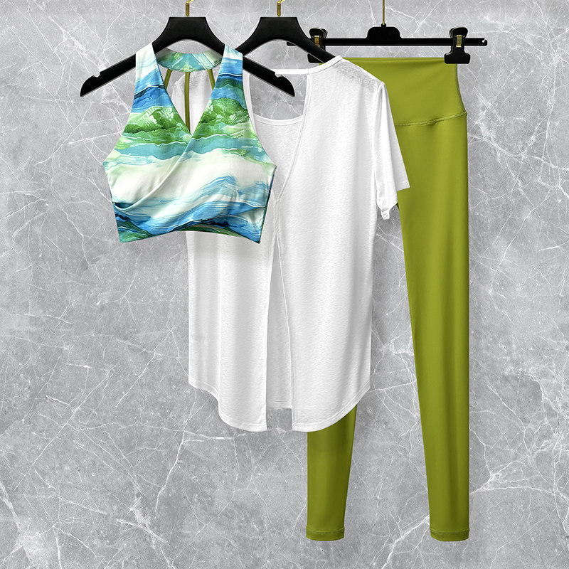 夏季时尚花色瑜伽服套装女性感美背速干跑步运动健身训练背心罩衫