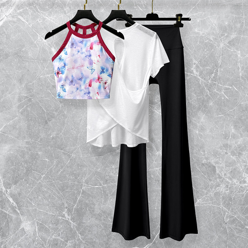 瑜伽服套装女2026新款夏季三件套运动健身印花背心短袖罩衫喇叭裤